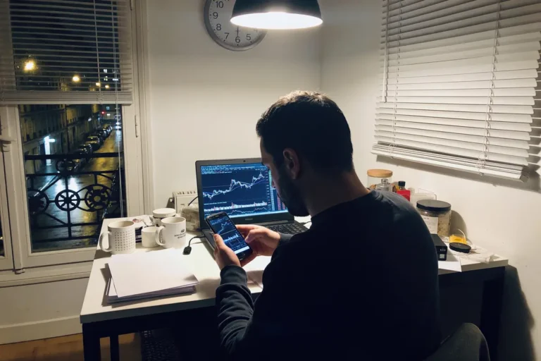 Homme à un bureau, consultant graphiques financiers sur ordinateur et téléphone, lampe allumée, fenêtre nuit.