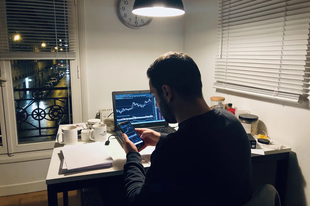 Homme à un bureau, consultant graphiques financiers sur ordinateur et téléphone, lampe allumée, fenêtre nuit.