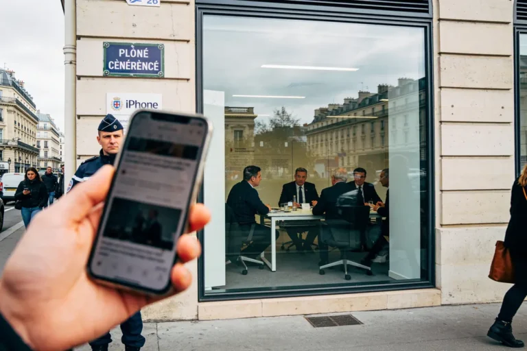 Un policier devant une vitre avec hommes en réunion à l'intérieur et une main tenant un smartphone flou.