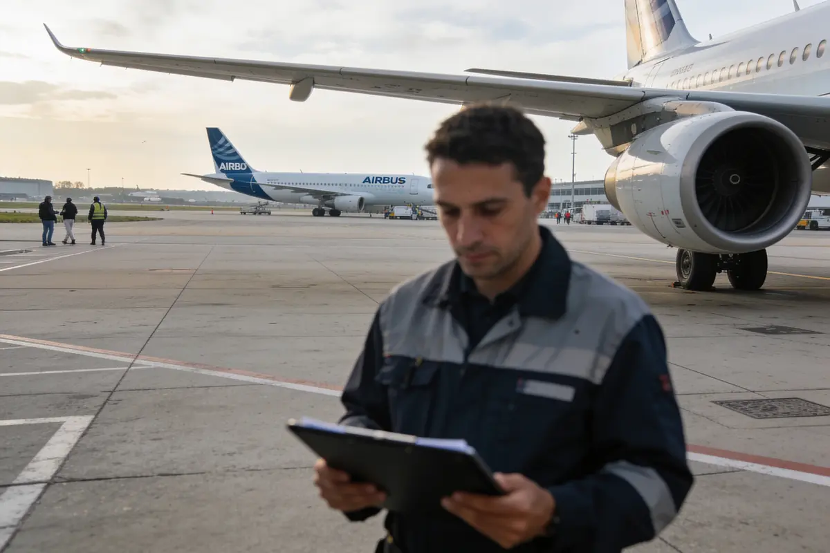Un homme en uniforme lit un document devant un avion Airbus sur le tarmac.