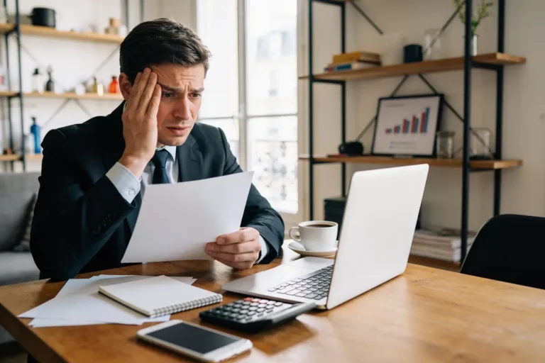 Homme en costume, préoccupé, tenant un document, devant un ordinateur portable, bureau moderne avec étagères, calculatrice, tasse café.