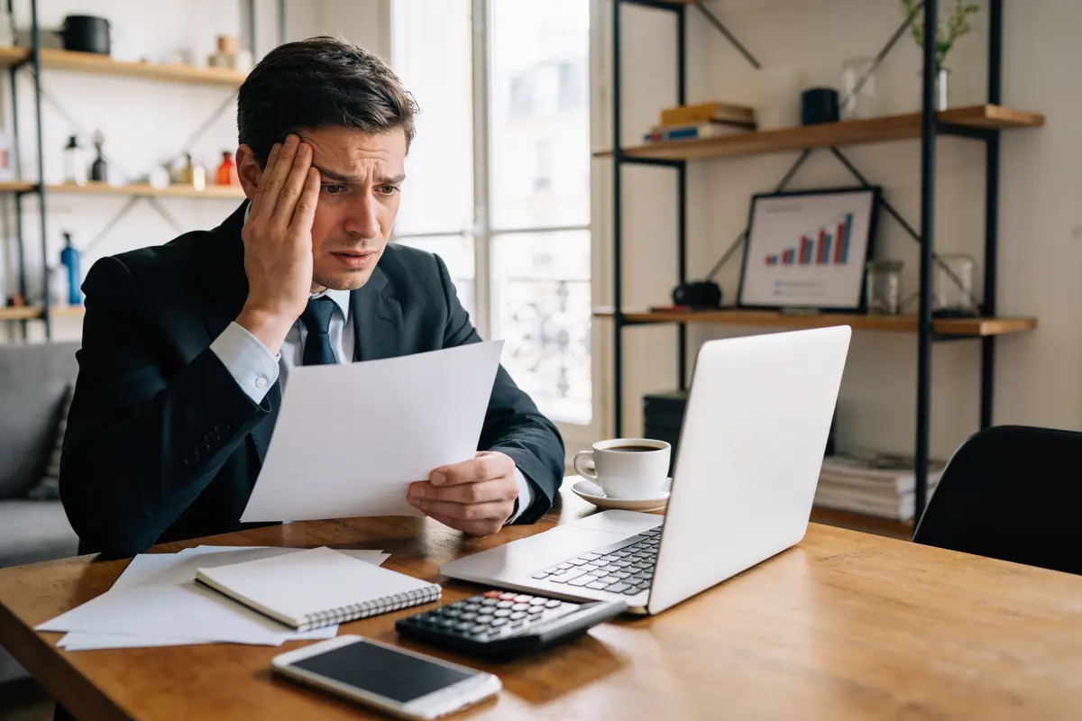 Homme en costume, préoccupé, tenant un document, devant un ordinateur portable, bureau moderne avec étagères, calculatrice, tasse café.