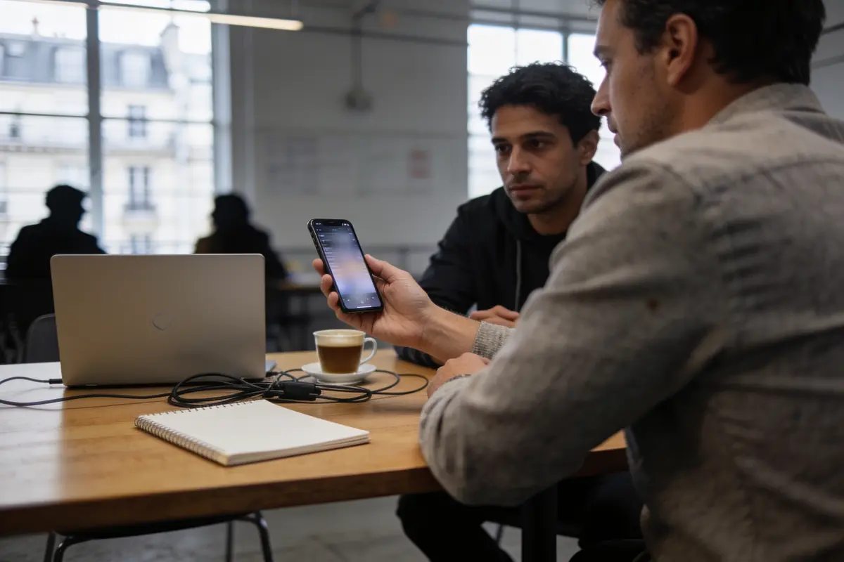 Deux hommes discutent devant un ordinateur portable, un smartphone et une tasse de café sur une table.