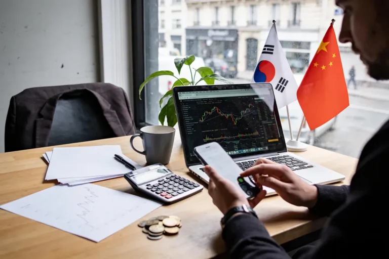 Personne analysant graphique boursier sur ordinateur portable, drapeaux sud-coréen et chinois, documents, calculatrice, tasses et pièces.