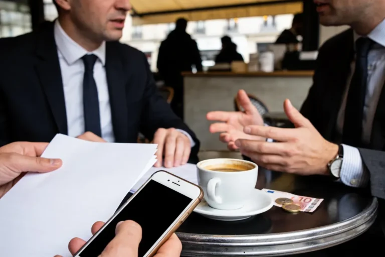 Deux hommes en costumes discutent à une table avec café, smartphone, documents et billets en euros.