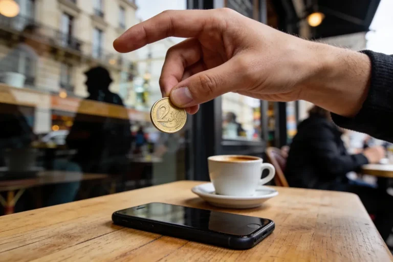 Main tenant pièce de 2 euros, téléphone et café sur table de café parisien.