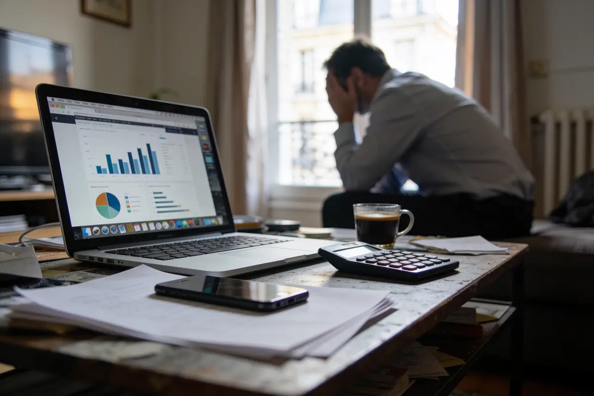 Homme stressé, assis à côté d'un ordinateur portable affichant des graphiques; documents, calculatrice et café sur la table.
