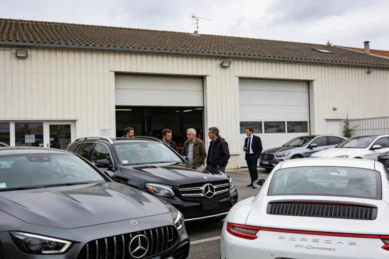 Plusieurs hommes discutent devant un garage, entourés de voitures Mercedes et Porsche stationnées.
