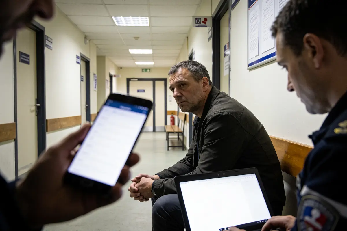 Homme assis dans un couloir, entouré de personnes avec smartphone et ordinateur portable. Atmosphère tendue.