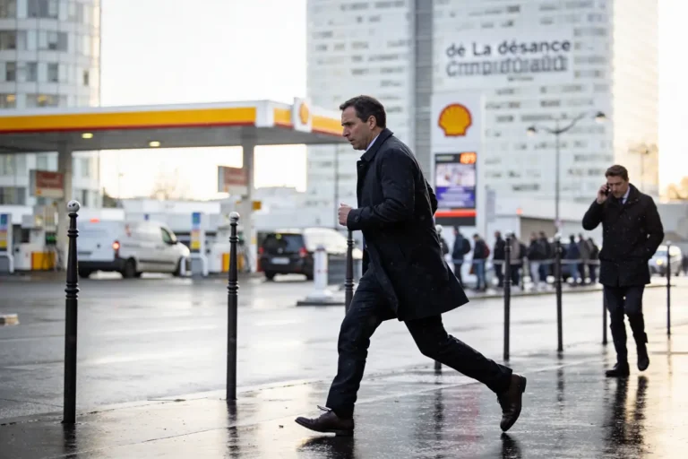 Homme courant devant une station-service Shell, immeubles en arrière-plan, rue mouillée, autre homme téléphonant.