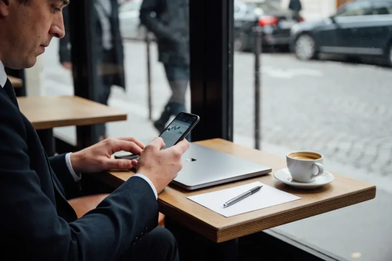 Homme en costume utilisant smartphone, devant ordinateur portable, table de café, vue extérieure sur rue.