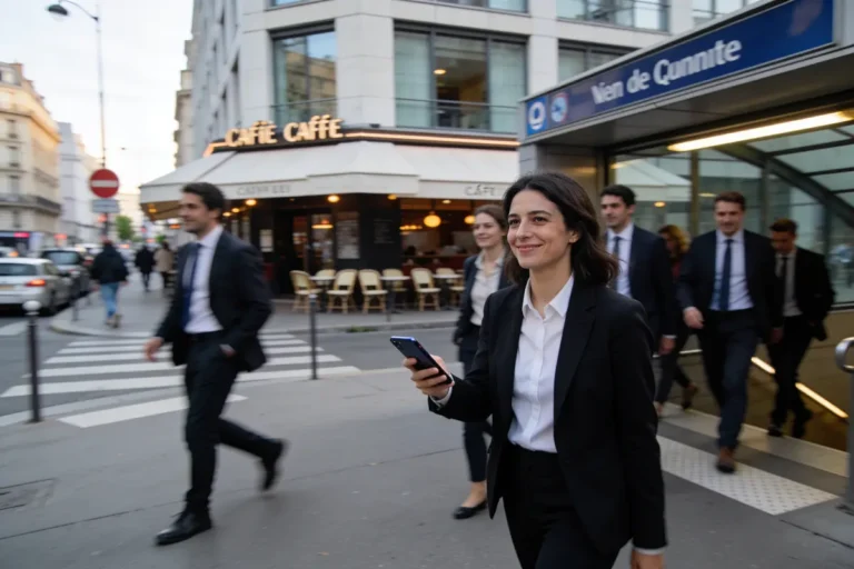 Une femme en costume marche près d'une station de métro à Paris, téléphone à la main.