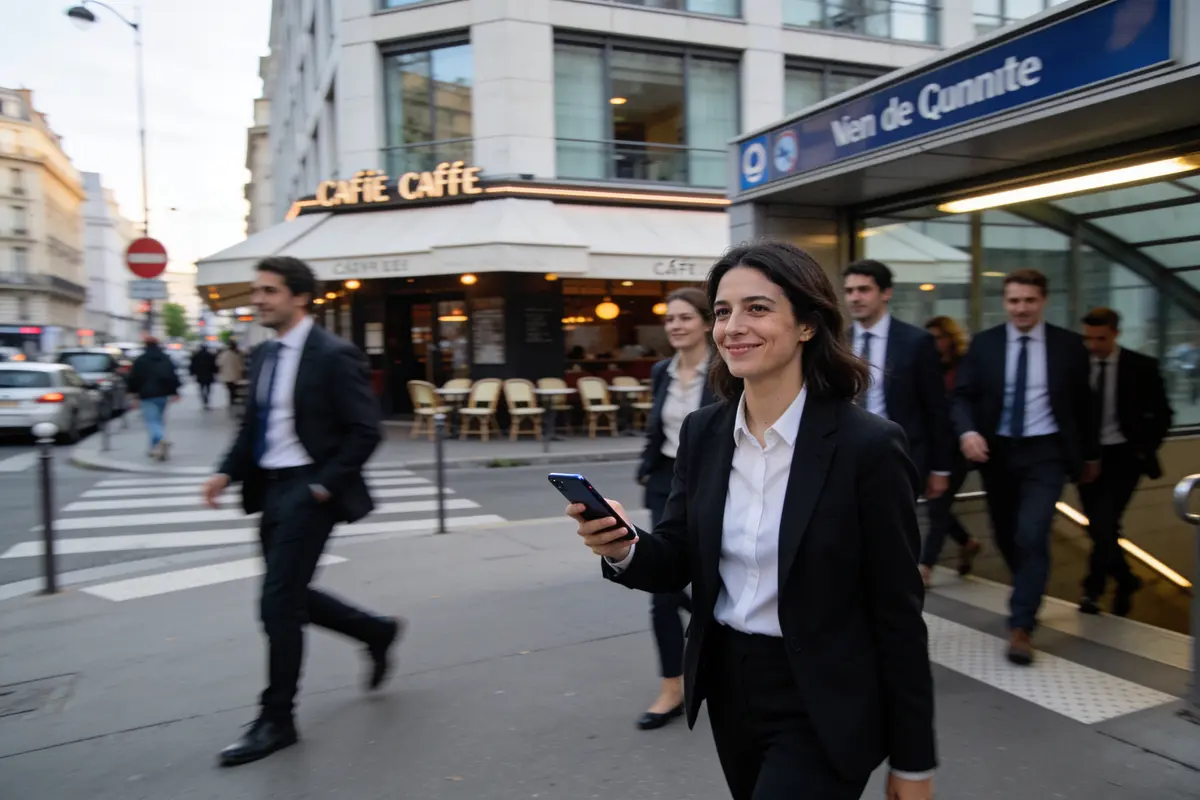 Une femme en costume marche près d'une station de métro à Paris, téléphone à la main.