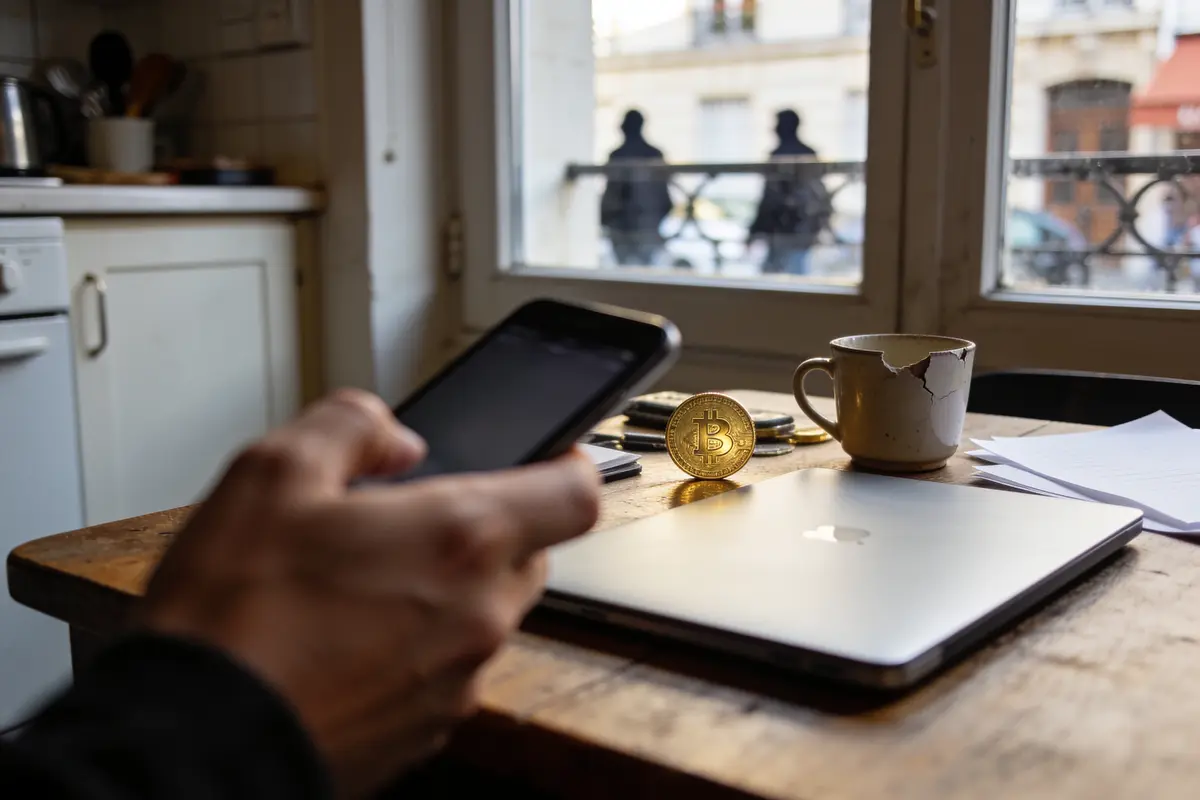 Personne utilisant smartphone, pièce Bitcoin, ordinateur portable, tasse ébréchée sur une table, fenêtre en arrière-plan.