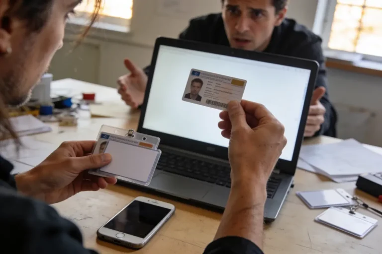 Deux personnes vérifient une carte d'identité devant un ordinateur portable sur une table encombrée.