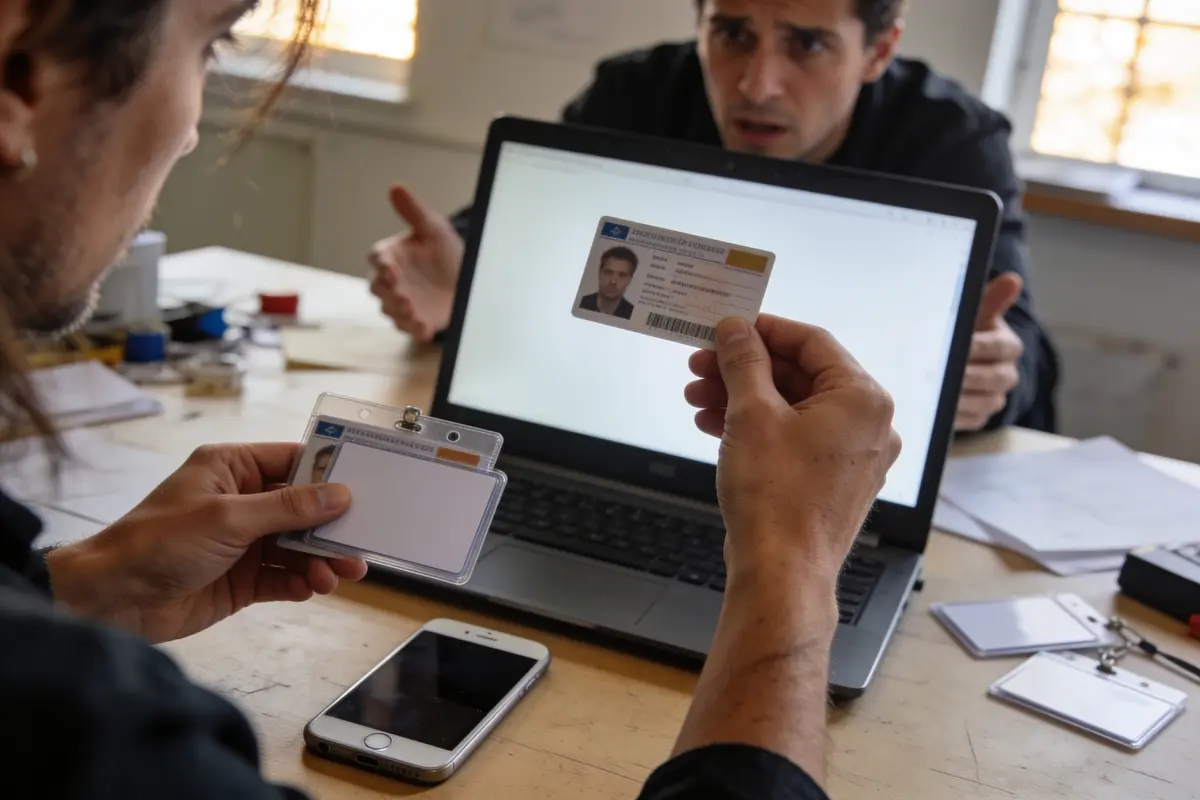 Deux personnes vérifient une carte d'identité devant un ordinateur portable sur une table encombrée.