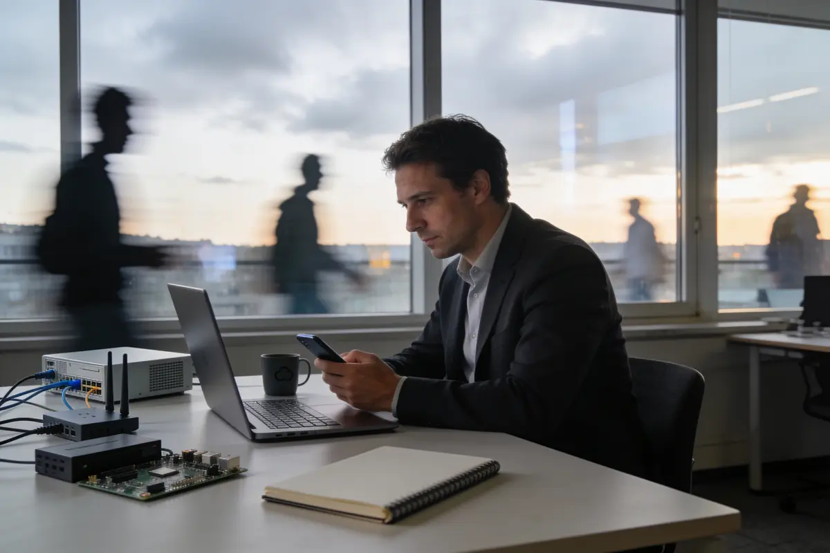 Homme en costume utilisant smartphone et ordinateur portable dans un bureau, silhouettes floues en arrière-plan.