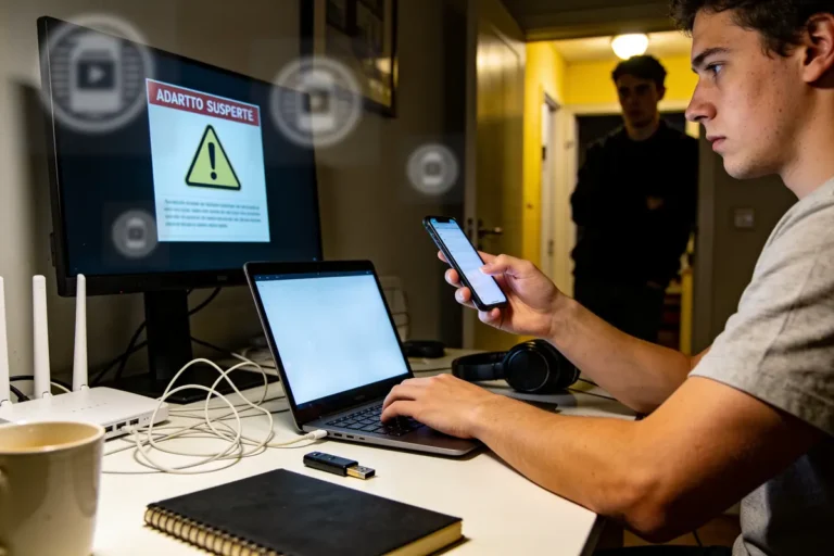 Homme utilisant smartphone devant ordinateur, écran affiche avertissement de danger, pièce faiblement éclairée, deux personnes visibles.