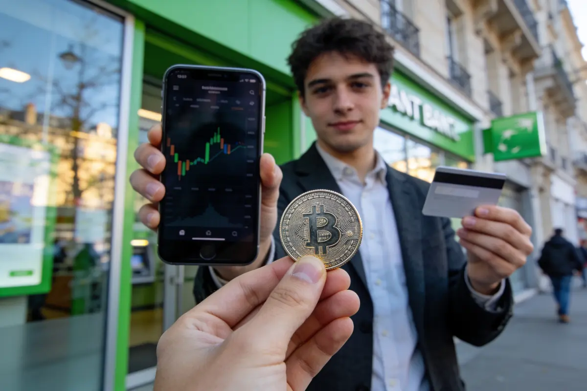 Un homme montre Bitcoin, téléphone avec graphique et carte bancaire devant une banque.