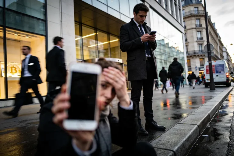 Un homme debout consulte son smartphone, tandis qu'une autre personne montre son téléphone, rue animée.