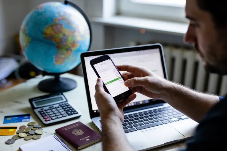 Homme utilisant smartphone, ordinateur portable, globe, calculatrice, passeport, pièces et cartes bancaires sur bureau.