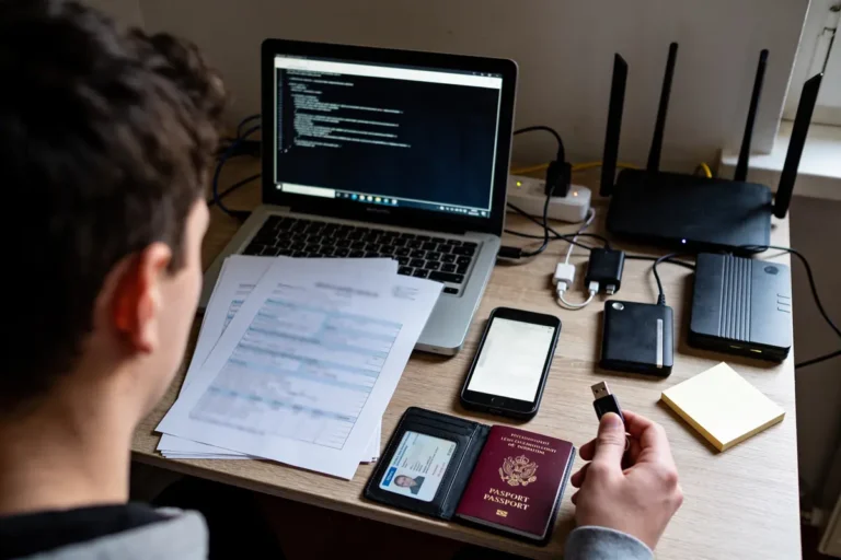 Un homme manipule des documents, passeport, clés USB, téléphone, devant ordinateur portable affichant code.