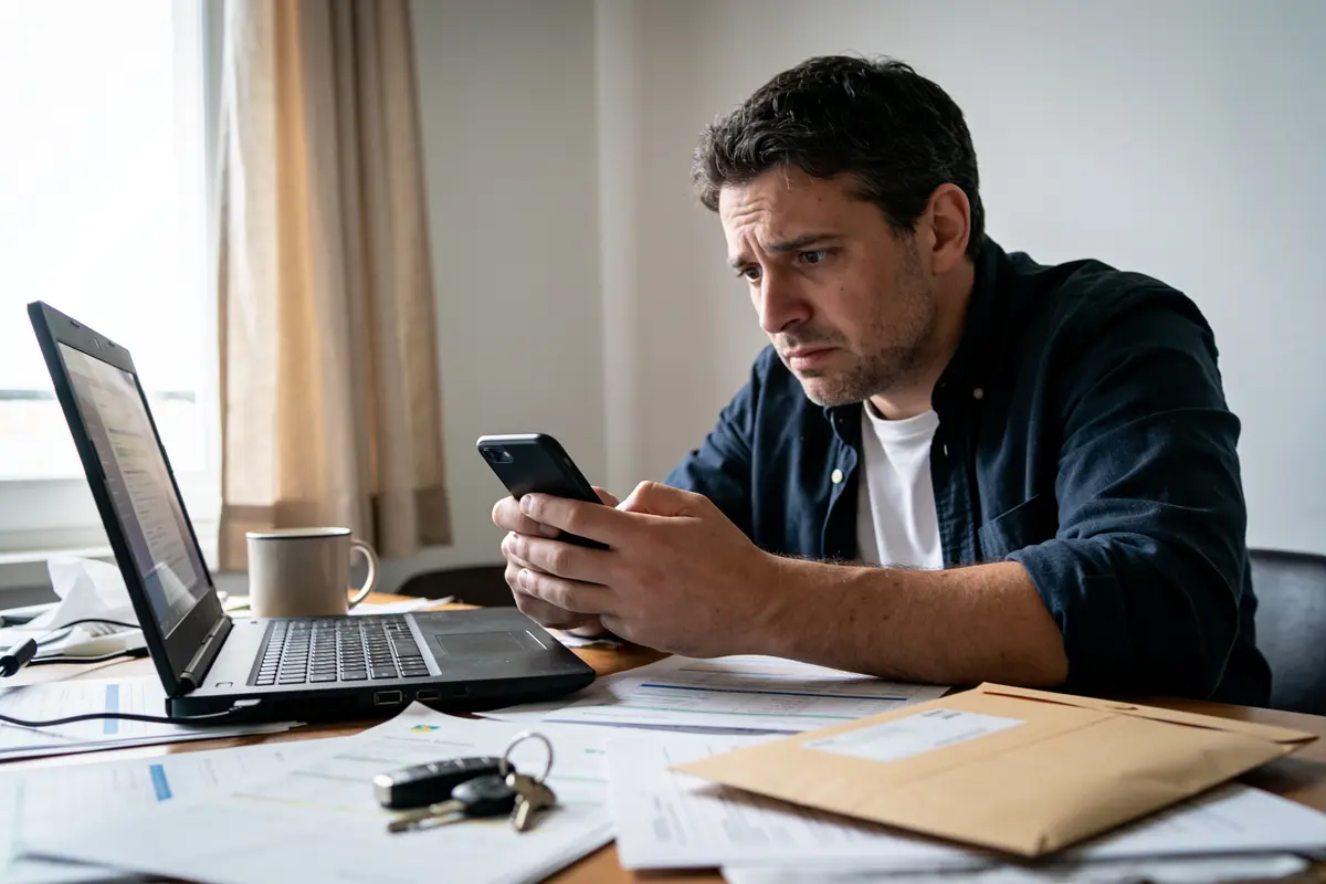 Homme concentré, regardant son téléphone, entouré d'un ordinateur portable, tasse, documents, clés et enveloppe.