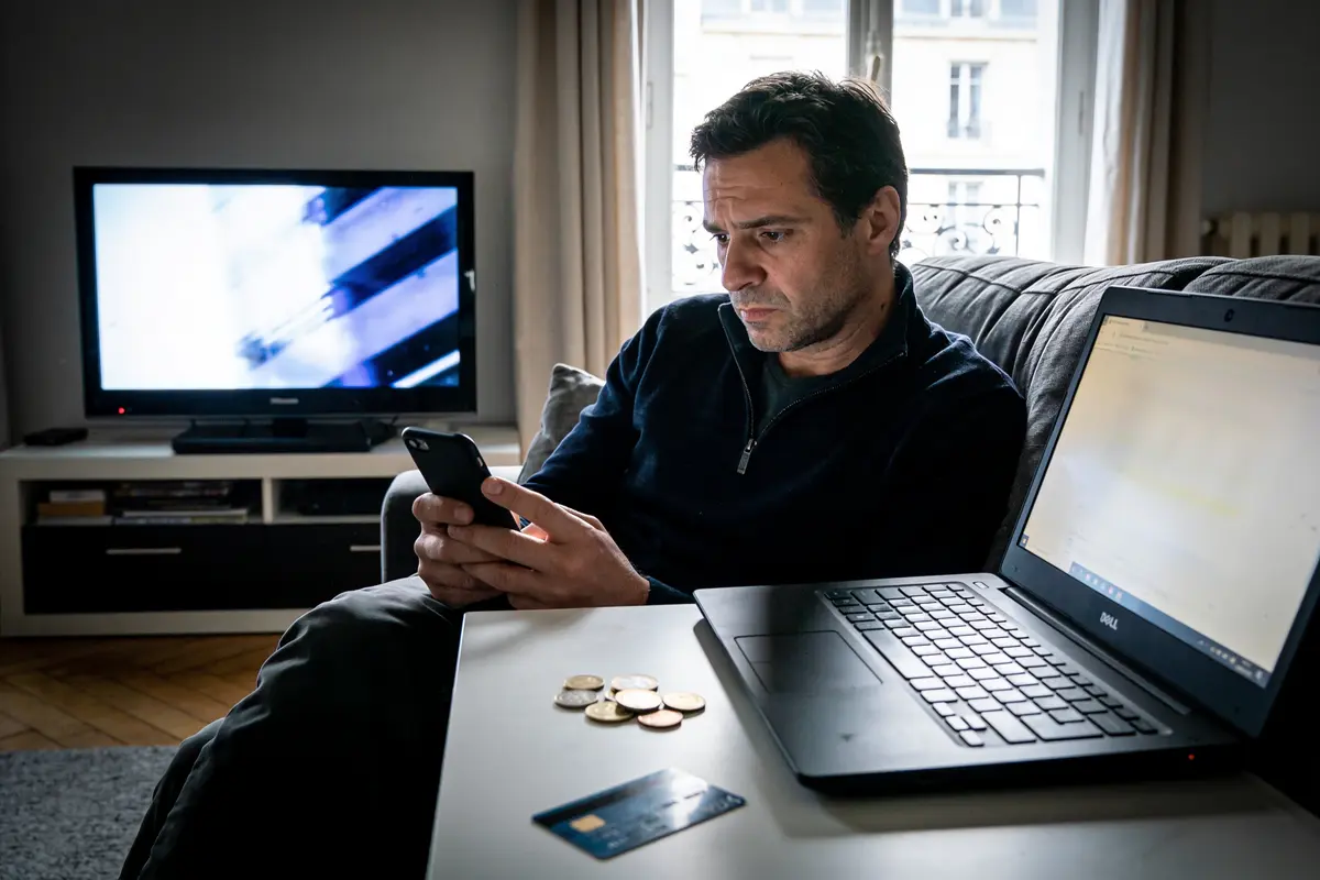 Homme utilisant smartphone, assis près d'un ordinateur portable, télévision en fond, monnaie et carte bancaire posées.