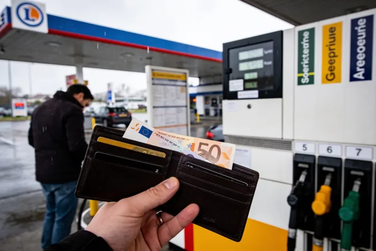 Portefeuille avec billet de 50 euros devant une station-service avec un homme et une pompe à essence.