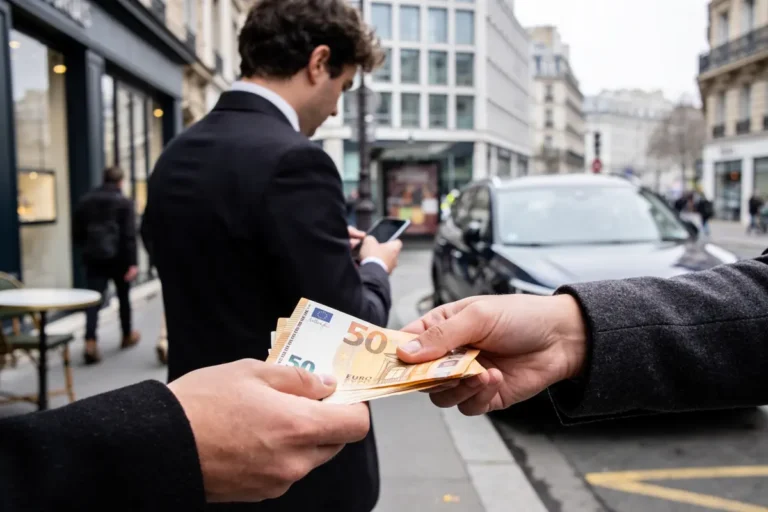 Deux personnes échangent des billets de 50 euros dans une rue urbaine avec voitures et passants.