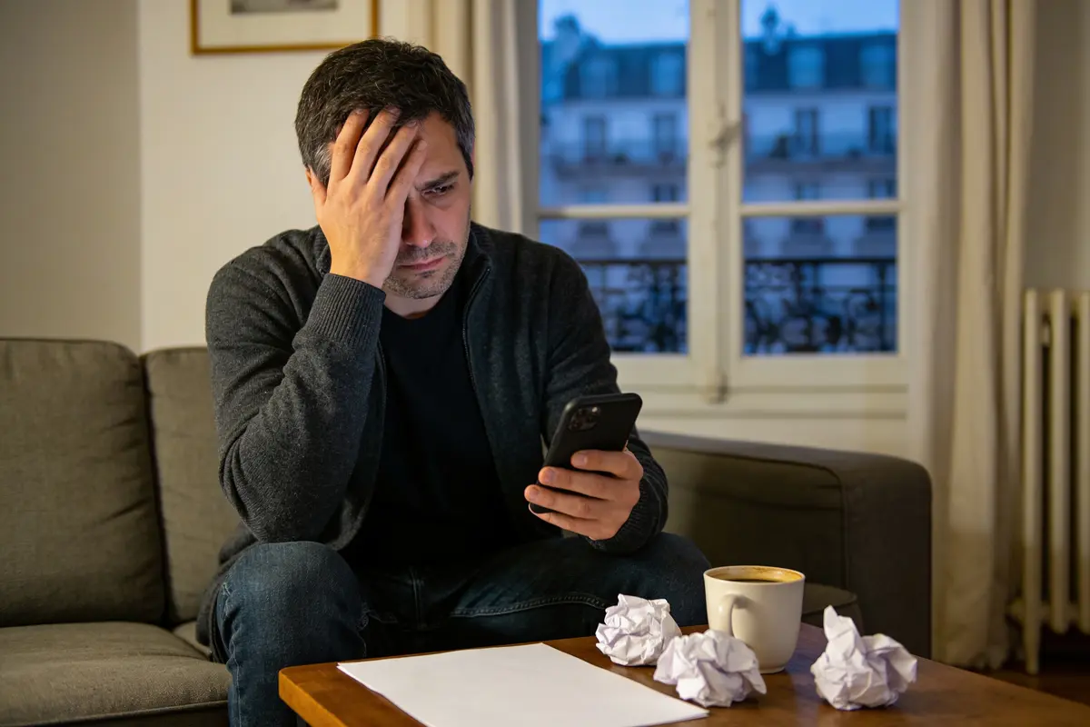 Homme préoccupé, assis sur un canapé, regarde son téléphone, entouré de feuilles froissées et d'une tasse.