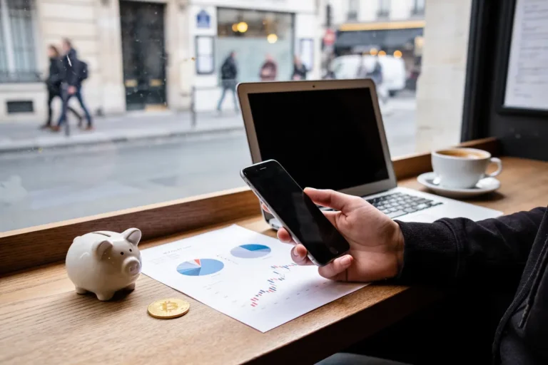 Personne utilisant un smartphone devant un ordinateur portable, avec une tirelire, un Bitcoin et un graphique.
