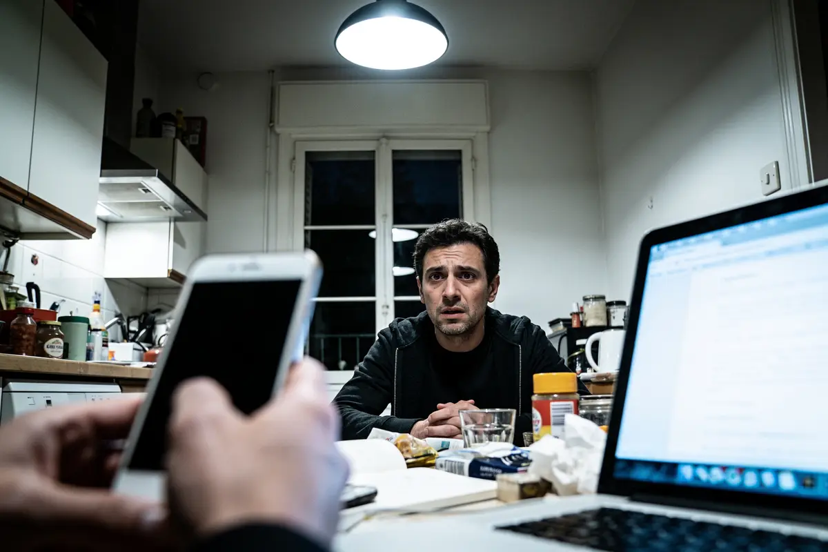 Un homme assis à une table de cuisine, entouré d'appareils électroniques et de désordre.