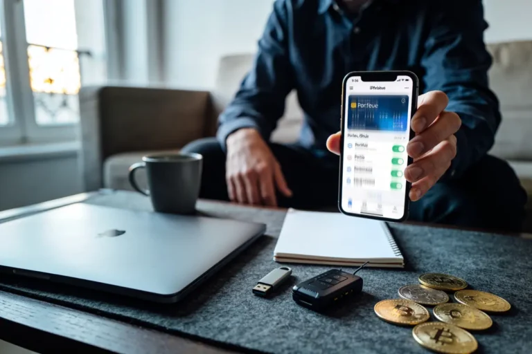Personne tenant un smartphone avec portefeuille numérique, à côté de pièces Bitcoin, ordinateur portable et tasse.