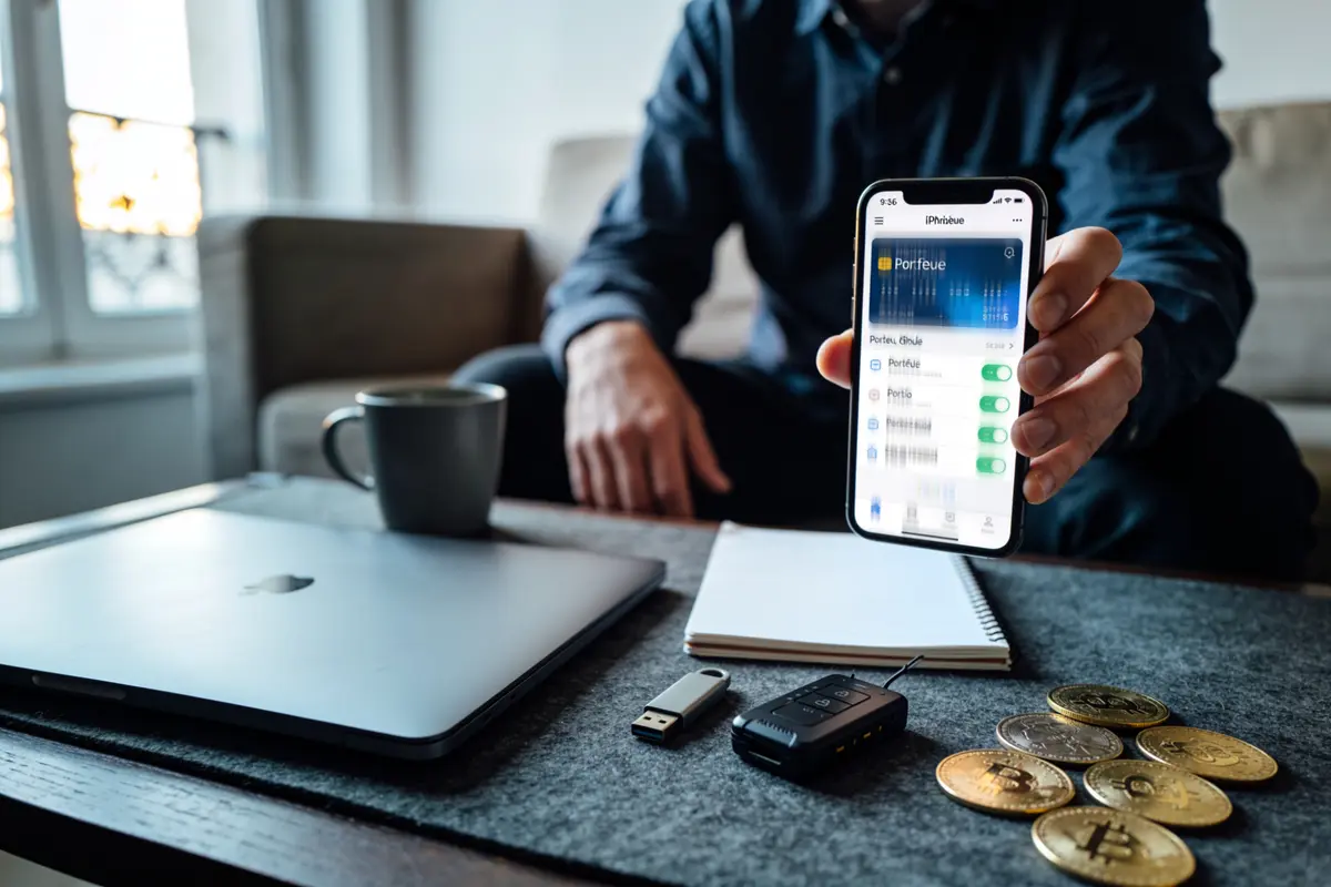 Personne tenant un smartphone avec portefeuille numérique, à côté de pièces Bitcoin, ordinateur portable et tasse.