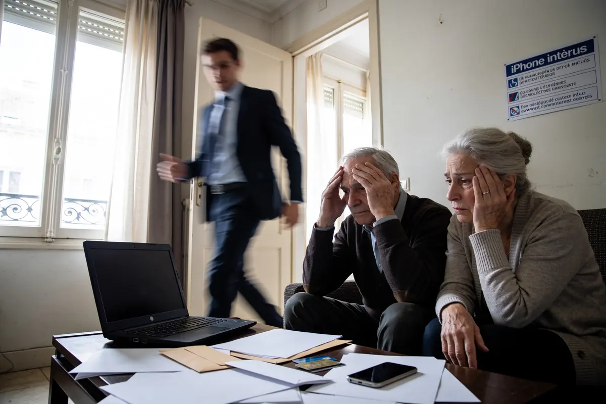 Deux personnes âgées préoccupées regardent un ordinateur portable avec des documents sur la table. Un homme passe.