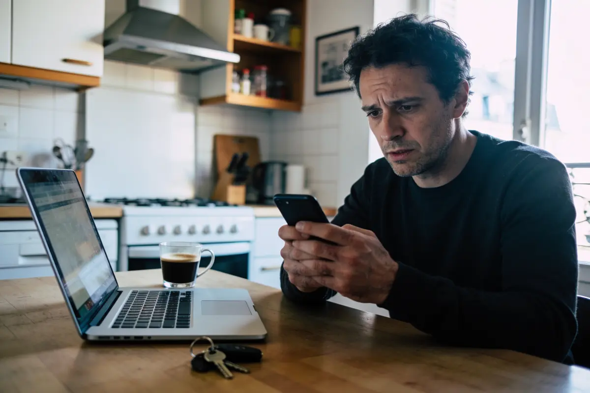 Homme préoccupé regardant smartphone, dans cuisine, près d'un ordinateur portable et tasse de café.