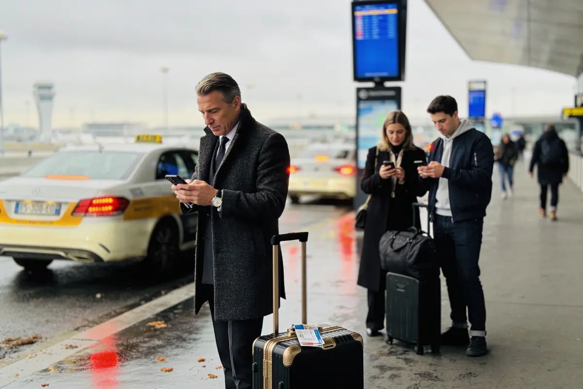 Trois personnes regardent leurs téléphones près de taxis à l'aéroport avec valises.