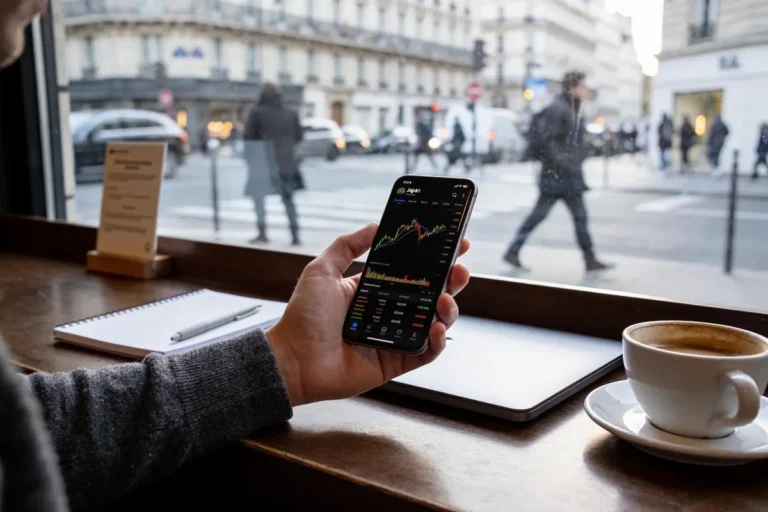 Personne consultant des graphiques boursiers sur smartphone dans un café, devant une rue animée parisienne.