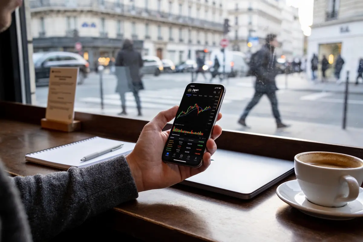 Personne consultant des graphiques boursiers sur smartphone dans un café, devant une rue animée parisienne.
