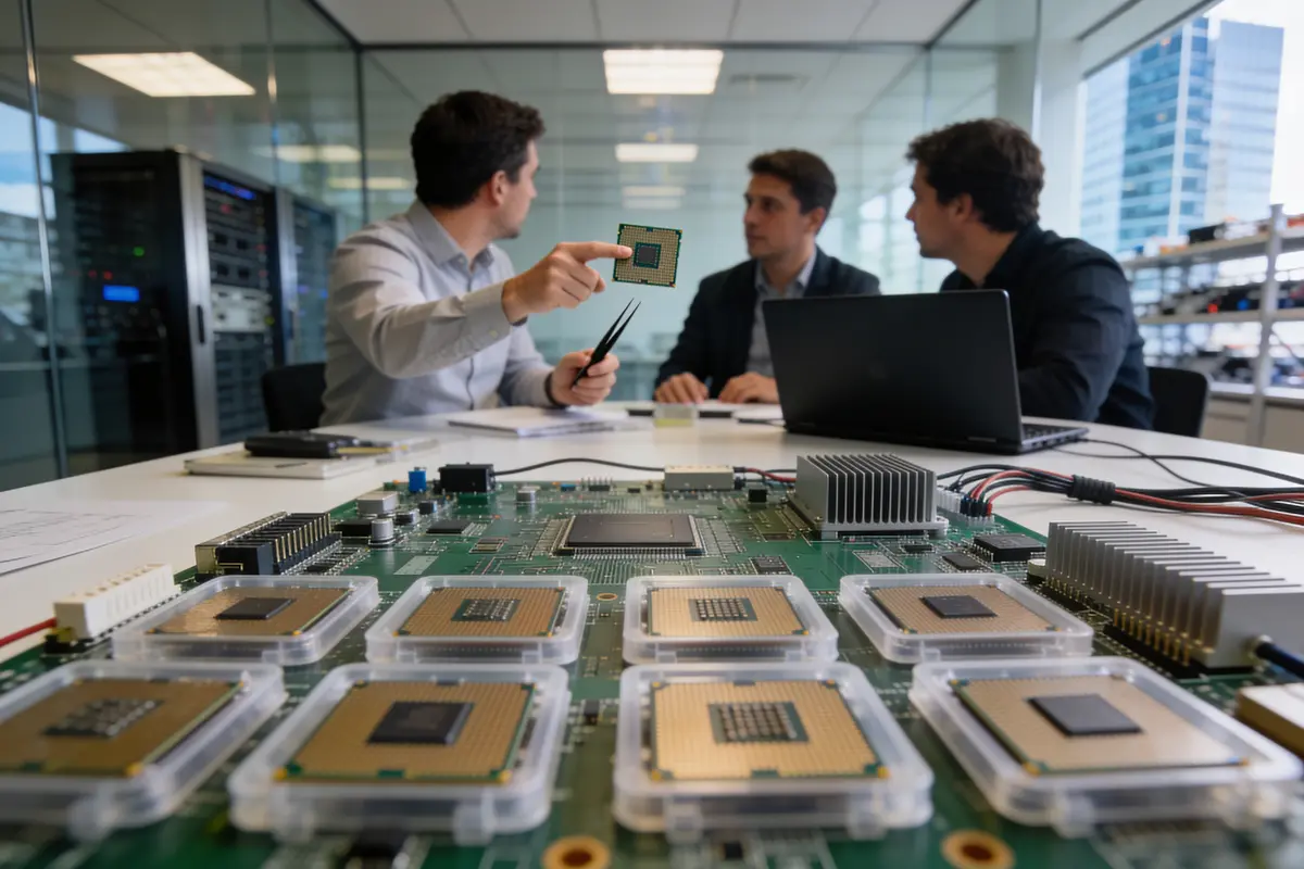 Trois personnes discutent de microprocesseurs autour d'une table avec ordinateur et carte électronique.