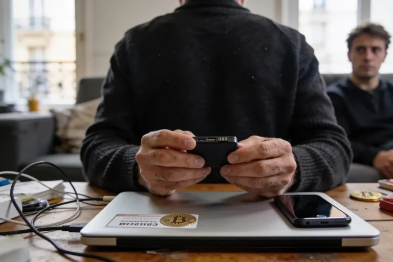 Homme manipulant un appareil électronique, smartphone, ordinateur portable, autocollant Bitcoin, arrière-plan avec une autre personne assise.