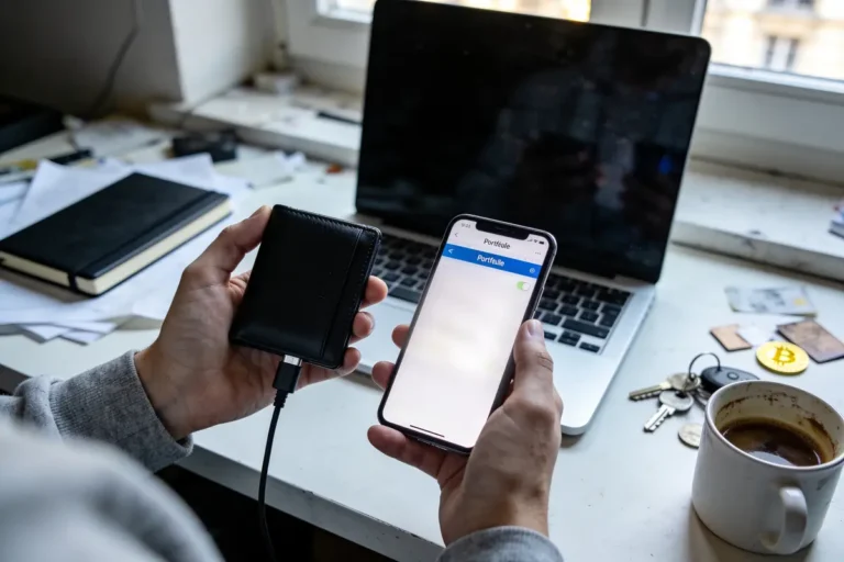 Personne tenant smartphone et portefeuille électronique, bureau avec ordinateur portable, clés, tasse de café, pièce Bitcoin.