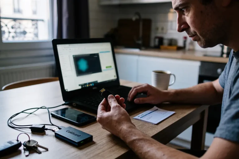 Homme travaillant sur ordinateur portable, tenant une clé USB avec smartphone et clés sur la table.
