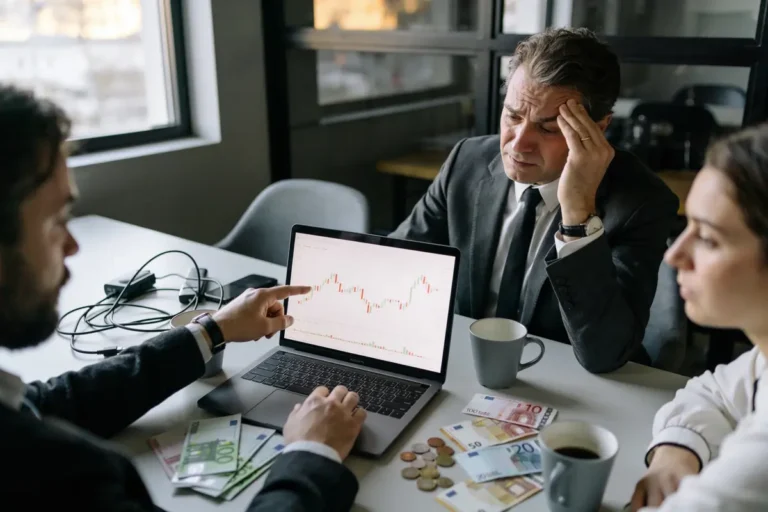 Trois personnes discutent d'un graphique financier sur un ordinateur portable, avec des billets euros et pièces.
