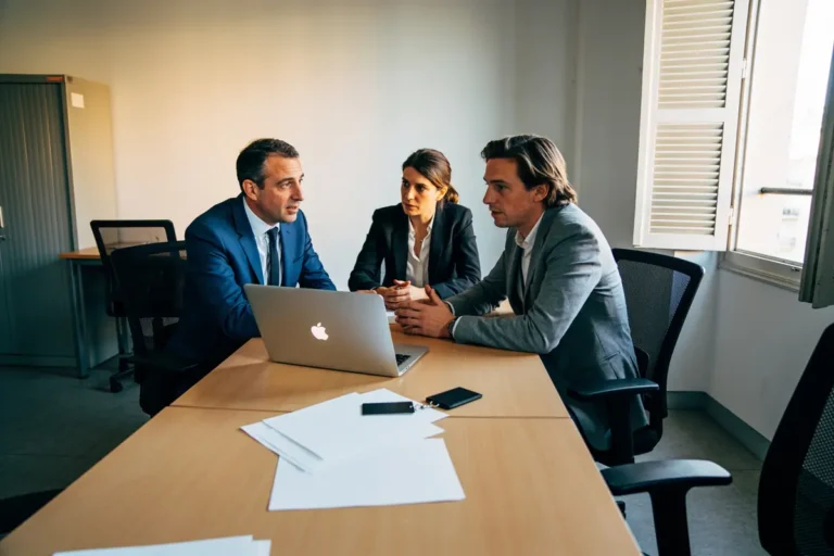 Trois personnes en réunion professionnelle, autour d'un ordinateur portable, discutant sérieusement dans un bureau.