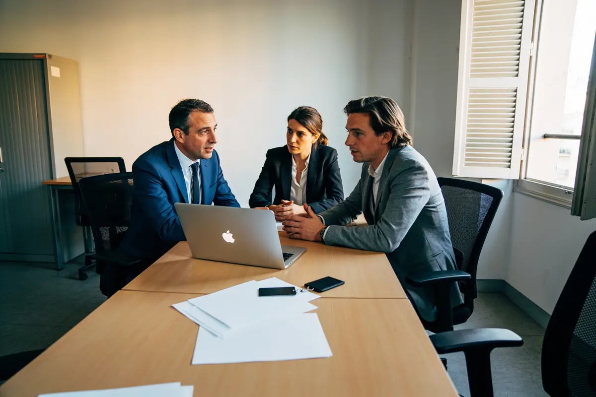 Trois personnes en réunion professionnelle, autour d'un ordinateur portable, discutant sérieusement dans un bureau.