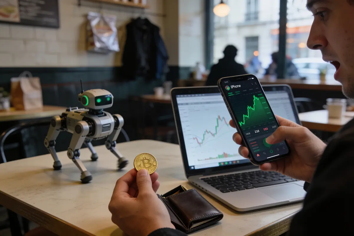 Personne regardant un graphique boursier sur téléphone avec un robot et pièce Bitcoin en main, dans un café.