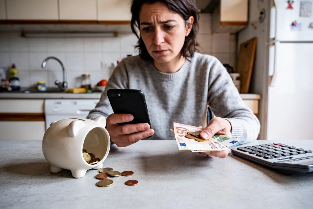 Femme préoccupée, tenant téléphone et billets, avec tirelire, pièces, calculatrice sur la table, dans une cuisine.