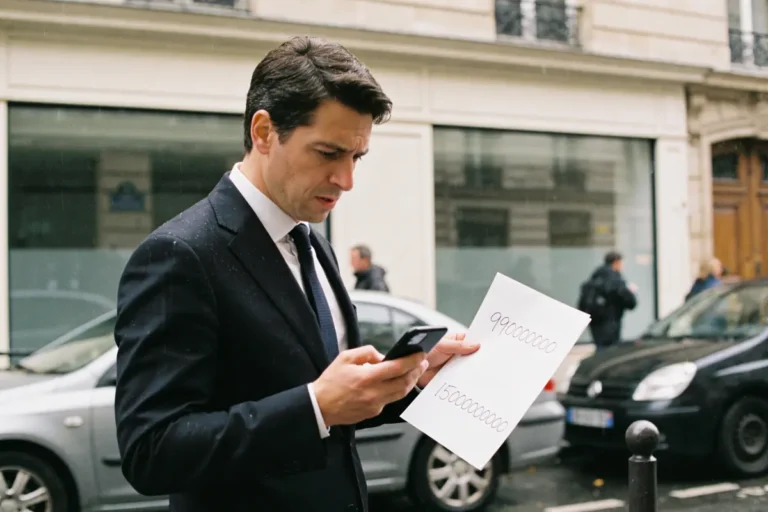 Homme en costume consultant son téléphone, tenant une feuille avec chiffres, rue urbaine.